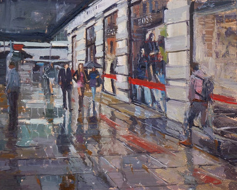 Rain and Reflections, Sloane Square, 10" X 8", Oil on Board