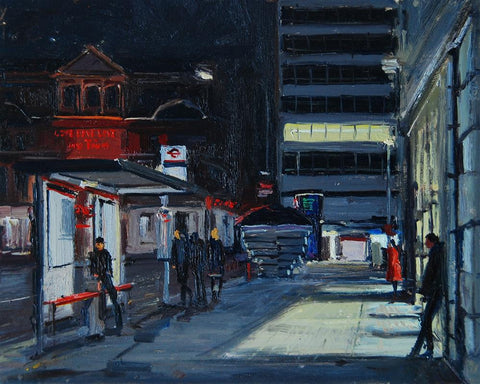 Sloane Square, Towards the Station at night, Oil on board, 10" x 8"