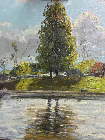 Twin Tree Reflections, Ely, Oil on Board, 8" x 10"