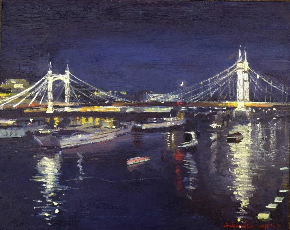 Albert Bridge Nocturne, Oil on Board, 10" x 8"